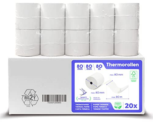 SWIPARO - Thermorollen 80mm x 80m x 12mm - Kassenrollen - Bonrollen zertifiziert für Registrierkasse mit Bondrucker - Thermopapier 80x80x12 (20 Rollen)