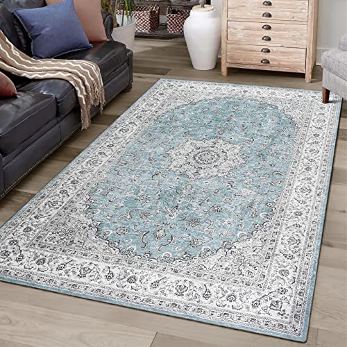 CAROMIO Extra Großer Teppich für Wohnzimmer - Abstrakter, Wasser- und Schmutzabweisender, Faltbarer, Maschinenwaschbarer Teppich in Blau (200 x 290 cm)
