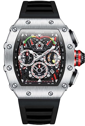 rorios Herren Tonneau Uhren Männer Analog Quarz Armbanduhren Multifunktional Chronograph Uhr Mode 50M wasserdichte Uhr mit Silikon Armband Silber schwarz