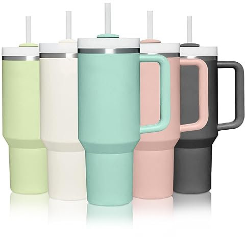 mebiusyhc 40oz Stainless Steel Vacuum Insulated Cup Double Wall Travel Flask Car Coffee Mug Tumbler with Straw with Handle for Hot Iced Coffee (Eucalyptus), (GMKBG98)