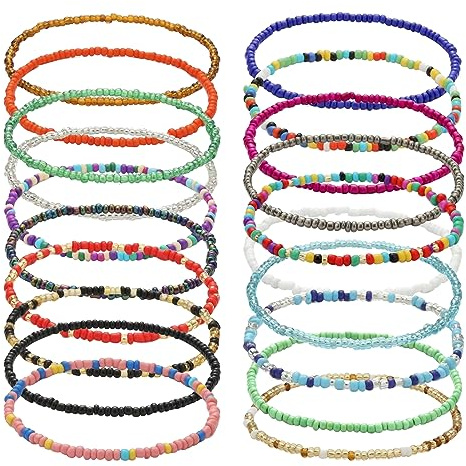 20Pcs Boho Beaded Pearl Bracelets Bohemian Handmade Beaded Anklets Bracelets for Women Colorful Glass Seed Beads Anklet Elastic Thread Wrap Bracelets String for Girls Ladies Summer Beach Y2K Jewelry