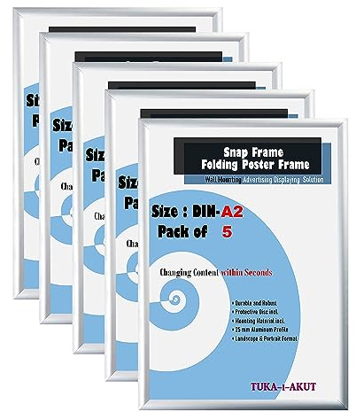 TUKA-i-AKUT 5er A2 Klapprahmen aus Aluminium 25 mm Profil, Plakatrahmen Wechselrahmen Poster Rahmen Schnapprahmen Aufklappbar mit Schutzscheibe Befestigungsmaterial, Silber Farbe, TKD8420-A2-5X