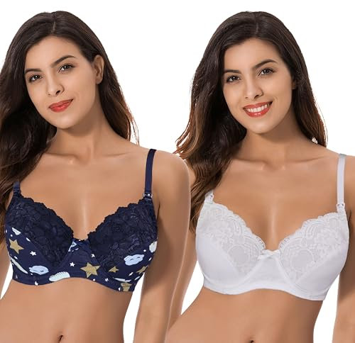 Curve Muse Reggiseno con Ferretto per Allattamento Taglie Forti con Coppe a Discesa-Confezione da 2-Blu Stampa Gialla,Bianco-8C