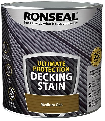 ARUUJ 2.5L Decking Stain Paint Ultimate Protection - Slip Resistant Rainproof Suitable for Hardwood Softwood Exterior Wood (Medium Oak) - Protects from Scuffs and Scratches Stays Tough in Winter