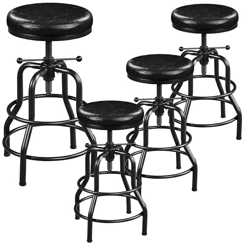 Yaheetech Lot de 4 Tabouret de Bar Industriel en Similicuir Noir | Tabouret Haut Rond Réglable en Hauteur avec Deux Repose-Pieds, Livré Assemblé, pour Cuisine Restaurant Comptoir Bistrot