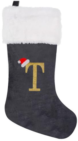 Große Weihnachtsstrumpfe 38 cm Weihnachtssocken Personalisiert Nikolausstiefel mit Letter, Christmas Stockings Weihnachtsbaum Kamin hängende Ornamente Geschenkhalter Weihnachtsdekorationen (Grau, T)