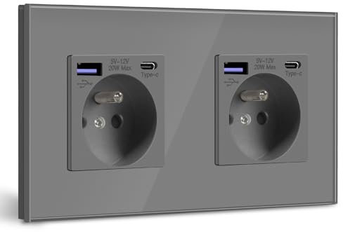 BSEED Double Prise Murale avec USB C PD20W,Prise de courant à Encastrer,16A Prise de Courant Alternatif avec Panneau en Verre,Chargeur Rapide Multiprises avec 1USB C 20W,Idéal pour Maison,Bureau-Gris