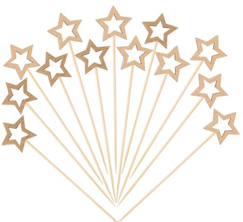 ENLACE Estrella - Pinchos para cócteles (50 unidades, madera, para comida, cócteles, decoración de cócteles, estrella dorada, palillos de madera para barbacoa, frutas, cupcakes, cócteles