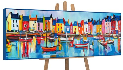 YS-Art Abstrakt Acrylbild Lebhafter Hafen handgemalt Bild Fischerdorf