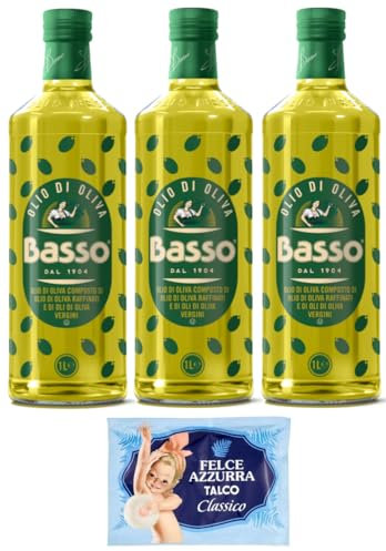 Lot de 3 bouteilles d'huile d'olive Basso Olio di Oliva, super pour la friture, bouteilles en verre de 1 l + 1 paquet de talc Felce Azzurra gratuit, sachet de 100 g