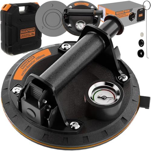 BIGSTREN Ventouse avec manomètre et pompe - Diamètre : 200 mm - Charge maximale : 200 kg - Avec mallette et accessoires - Verre, carrelage, surfaces lisses
