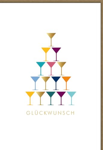 Edle Business Grußkarte für Firmenerfolge und Jubiläen, Pyramide aus 15 bunten Sektgläsern mit Glückwunsch-Schriftzug, Premium Papierqualität - mit Umschlag