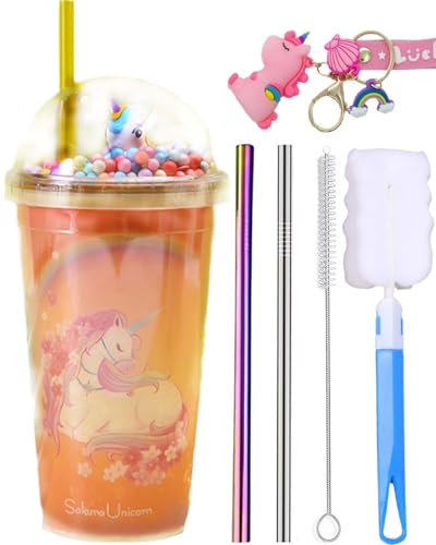 seelucky Gobelet de voyage licorne avec paille à paillettes - Tasse en plastique pour pique-nique, fête, anniversaire (licorne de rêve jaune)
