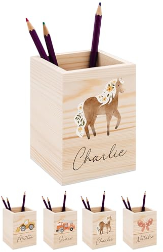 Bärenfreunde® - Personalisierter Stiftehalter Kinder aus Holz - Kreativer und praktischer Schreibtisch-Organizer Kinder mit Namen - Perfektes Einschulung Geschenk und Geburtstag (Pferd)