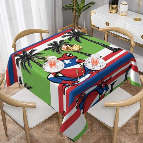 BROLEO wasserdichte dekorative Tischdecke, quadratisch, warm und weich, Gute Faltenbeständigkeit, waschbar und wiederverwendbar, Puerto Rico-Flagge, Frosch, Palmen, 137 x 137 cm