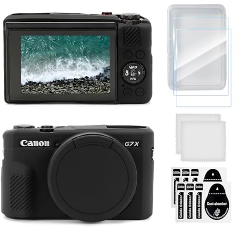 TYUANDOUER G7X Mark II Case & LCD Screen Protector Accessories, Soft Silicone Camera Case for Canon Powershot G7X Mark II, Lightweight Skin Rubber Protective Cover for G7XII - Black