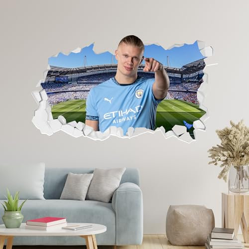 Themed Official Manchester City Wall Sticker - Erling Haaland 25/26 Broken Wall Decal (90cm width x 50cm height)