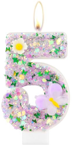 Butterfly 5th Birthday Candles,Sparkler 5th Birthday Candles, Purple Number 5 Candle for Cake, Purple Sequin Candle Cake Topper for Girls Boys Butterfly Themed Birthday Party Decorations Supplies