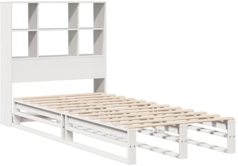 vidaXL Massivholzbett, Bett mit Bücherregal ohne Matratze, Holzbett Bettgestell mit Lattenrost, Palettenbett Einzelbett für Schlafzimmer, Weiß 100x200cm