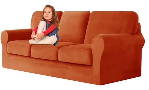 ZYBSLCSY Ektorp Sofabezug, Stretch Anti-Rutsch Couchbezug Mit Elastischen Riemen, Separatem Sitzkissenbezug Rückenlehnen Samtstoff Sofaschutz FüR Kinder, Haustiere (Orange,3 Seater 7pcs)