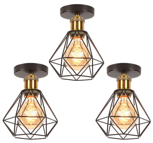 TOKIUS 3 Stücke Deckenlampen, 16CM Vintage Deckenleuchte im Industrial Design Retro Lampe Käfig Pendelleuchte Schwarz Lampenschirm aus Eisen mit E27 Fassung Messing Flurlampe