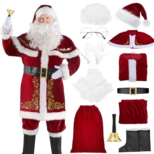 HarnyLoom Weihnachtsmann Kostüm Herren Nikolaus Weihnachten Erwachsene Mantel Nikolauskostüm Anzug Gürtel Perücke Stiefel Geschenktüte Weihnachtsfeier Cosplay (Weihnachtsmann 1, XL)
