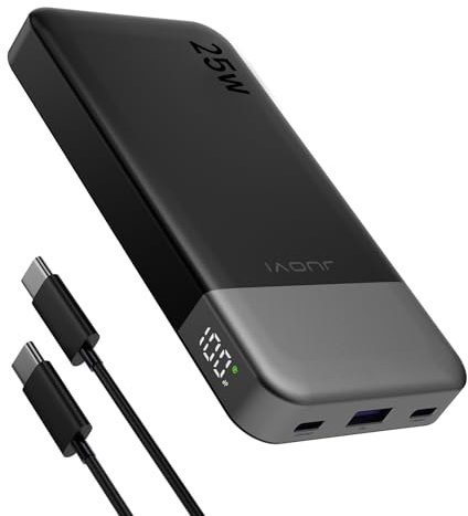 JUOVI Power Bank 10000 mAh, 25 W, ricarica rapida, piccolo caricatore portatile con PD 3.0 e QC 4.0, caricatore USB C a doppia uscita, compatibile con iPhone 16 15, Samsung (Nero)