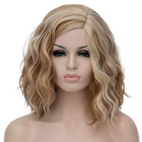PORSMEER Perücke Damen Kurze Bob Locken für Afro/Frauen/Mädchen Natürliche Mittelteil Haar Perücke Party/Kostüm Ohne Lace Front Wig (Blond gemischt braun)