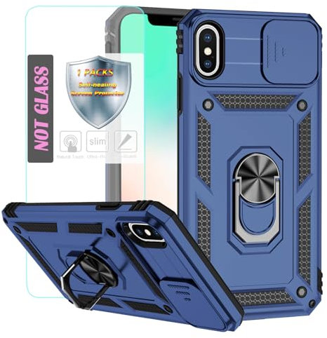 YmhxcY Handyhülle Für iPhone XS Max Hülle,[mit 1 Stück Schutzfolie],360°Drehen Metallständer，Stoßfester Schutz Hartschale，Mit Kameraschutz，for iPhone XS Max case-Blau