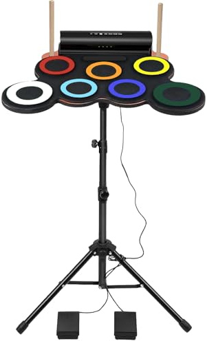 Elektronisches Schlagzeug-Set mit Schlagzeugständer verstellbar, Drum Practice Pad Midi Drum Kit mit Kopfhöreranschluss Eingebauter Lautsprecher Drum Pedale Drumsticks