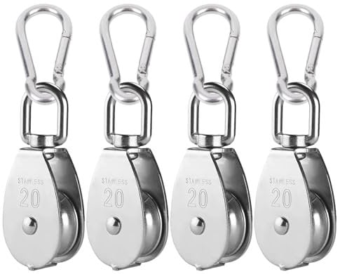 Zasjon 8 Pièces Kit de Poulie de Levage, 4 Pièces M20 Poulie pour Cable en Acier Inoxydable avec 4 Pièces Mousqueton M5, Bloc de Poulie Pivotant à 360° Poulie à Crochet Poulie Rouleau Charge de 75kg