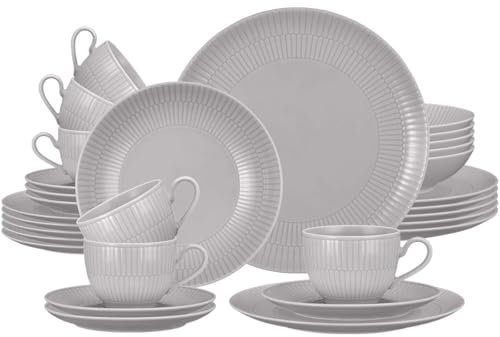 Seltmann Weiden Amina Silbergrau Kombiservice 30-teilig, Komplettes Geschirr-Set für 6 Personen, Tafel- und Kaffee-Geschirr mit dezentem Relief-Muster, Porzellan, Grau