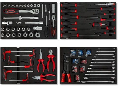 EBERTH Multitool Werkzeug Set 81 Teile Für Werkzeugwagen, Beschriftete Werkzeugeinleger aus Schaumstoff, Hartmetall, Ergonomische Griffe, Für 4 Schubladen, KFZ & Profi-Werkstatt Ausstattung, Rot