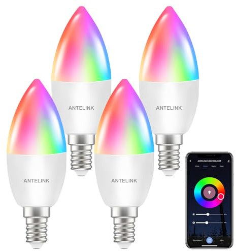 ANTELINK Lampadina Smart Alexa E14 Wifi Dimmerabili 5,5W 400 Lm | 40W Equivalente, RGBCW 2700K-6500K, Compatibile con Alexa e Google Home, 4 pezzi