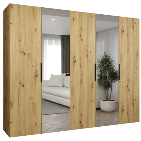 MEBLE KRYSPOL - Kleiderschrank mit Spiegel - Drehtürenschrank - Schrank 250x202x52cm - Garderobenschrank Schlafzimmer, Flur, Jugendzimmer - Farbe Artisan Eiche, Griff Schwarz - Marbella 2 250