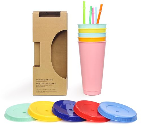 JINYUDOME 5 Pcs Reusable Plastic Tumblers with Lids & Straws, Colour Changing Cups, Iced Coffee Cup Party Tumbler Set Travel Cups for Kids Adults