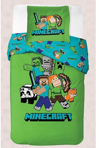 Minecraft Bettwäsche Classic Crew 135x200+80x80 – 100% Baumwolle – Grün | Wendebettwäsche | Classic Crew | Kinder & Jugendliche | Gamer | Offiziell lizenziert | Einzelbett