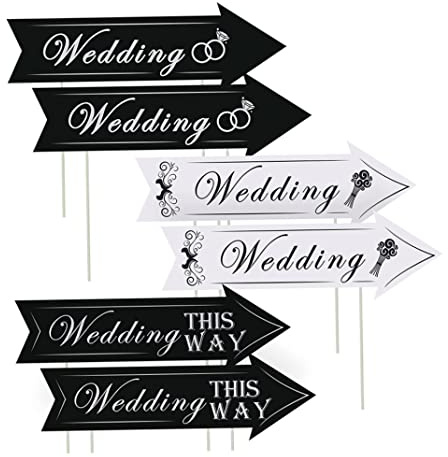 Lot de 6 panneaux de stationnement directionnels mariage avec piquets, imprimés double face en et blanc pour mariage, panneau signalisation directionnel extérieur, décoration pour cérémoni