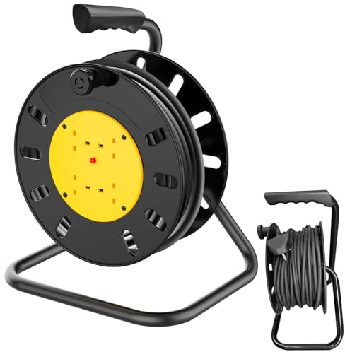 50 Metre Portable Cable Reel Extension Lead - 4-Way Power Sockets, Thermal Cut Out, Ergonomic Handle, Yellow/Black - Heavy Duty Portable Drum Reel Power Extension Cord for Indoor Workshop Utility