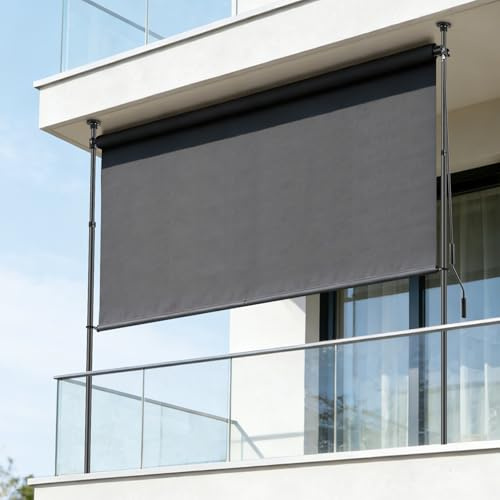 Victoam Senkrechtmarkise Balkon Außen Ohne Bohren, 150x310cm Vertikalmarkise Klemmmarkise Mit Handkurbel, Außenrollo Wasserfest Sichtschutz Sonnenschutz Windschutz, Für Terrasse Balkon Dunkelgrau