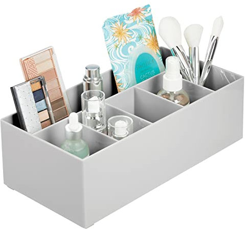 mDesign Schminkaufbewahrung für Wasch- oder Schminktische – Aufbewahrungsbox aus BPA-freiem Kunststoff für Make-up – moderner Kosmetik Organizer mit sechs Fächern – grau