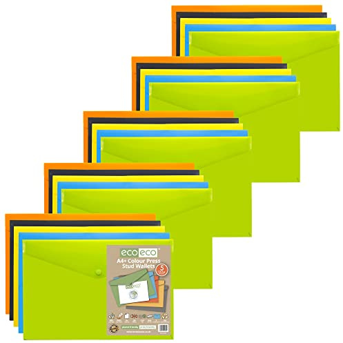 eco-eco A4+ 50% Recycled Assorted Colours Press Stud Popper Wallet, Plastic Folders (Pack of 25), Green, Black, Blue, Yellow, Orange, eco035x25
