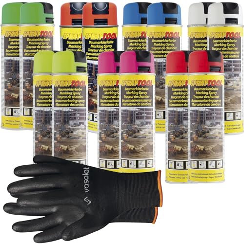 vasalat Markierungsspray Set - Markierspray Neon gelb, orange, blau, weiß, grün, pink, rot für schnelle und saubere Markierungen, 14 Stück