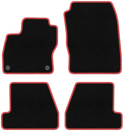 Velours-Fußmatten passend für Ford Focus MK3 2010-2018, Schwarz-Rot, CARLUX | passend für Schrägheck/Limousine/Kombi; Velours-Teppich (Polypropylen), ca. 6,5 mm; rutschfest, runde Befestigungen (Typ FC)