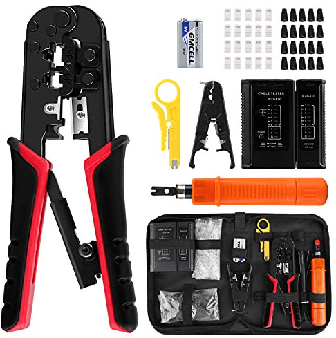 omitium 10 in 1 Netzwerk Werkzeug Set, CAT5/CAT5E Netzwerk Reparaturwerkzeuge Crimpen 6P + 8P Professionell Netzwerk Kabeltester Kit Computer Wartung LAN Kabel Tester für RJ45, RJ11,RJ-45-RJ-11