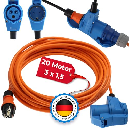 Camping Adapter 20m Mit CEE Winkelkupplung Und Integrierter Schuko Steckdose H07BQ-F Kabel 3x1,5 Verlängerungskabel Strom Kabel Wohnmobil Wohnwagen Caravan Landstromanschluss