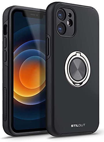 STILGUT Case kompatibel mit iPhone 12 (6.1“) Handyhülle mit Fingerhalter & Ring-Ständer, Hülle mit 360 Grad drehbarer Smartphone Fingerhalterung/Ringhalter - Schwarz