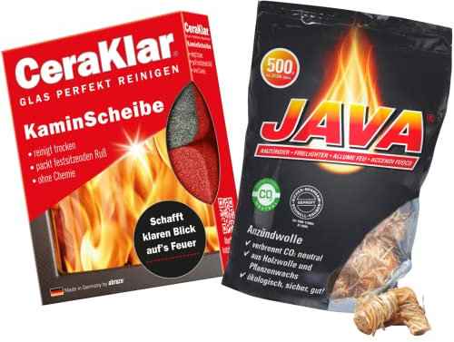 abrazo Kamin-Set - 2 CeraKlar Kaminscheibenreiniger + 32 Java Kaminanzünder - Grill-/ Kamin Scheibenreinigung ohne Chemie, Anzünder Holzwolle Wachs