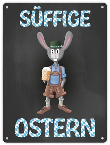 Süffige Ostern Metallschild XL in 21x28 cm mit Osterhase in Lederhosen witziges Blechschild für die Osterzeit mit Bayerischem Motiv und Hase mit Bierkrug für echte Bierliebhaber