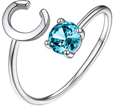 GoldChic Einfacher A-Z Buchstaben Ring für Damen Frauen S925 Silber Verstellbarer Alphabet Ring Stapelbarer Zirkonia Buchstaben Ring mit Geburtsstein in Weißgold Ringgröße 51.8（16.5）- 64.6（20）